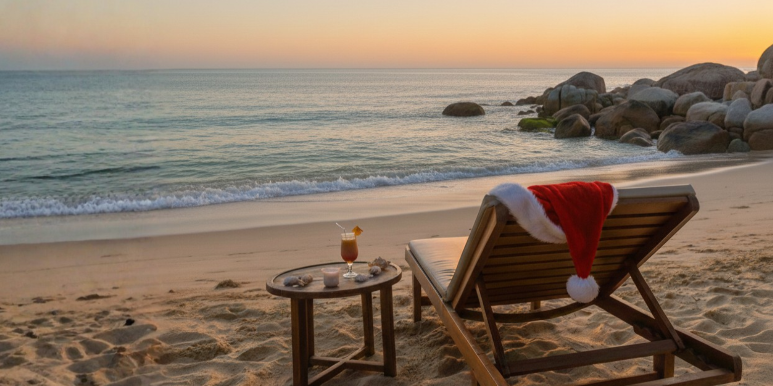 Sun lounger on beach with Christams Hat